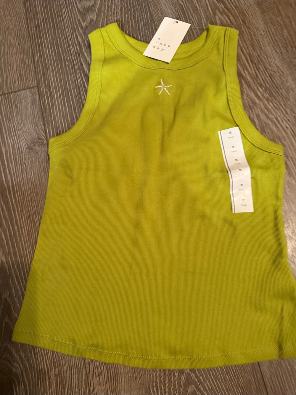 a new day Lime Green Ribbed Tank Top with Star Embroidery
